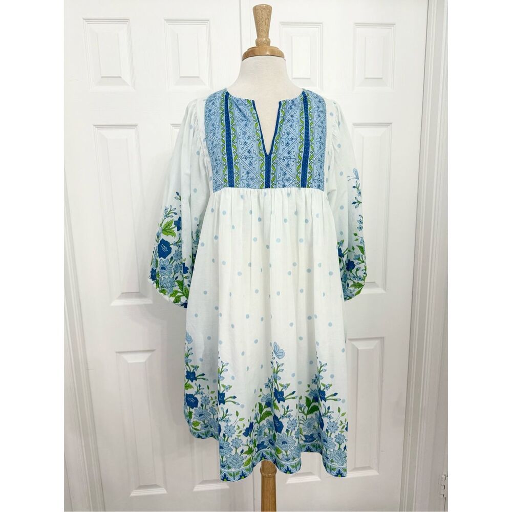 Islapayal Malaga Mini Peony Blue Floral Embroidered Capri Midi Dress Size Large